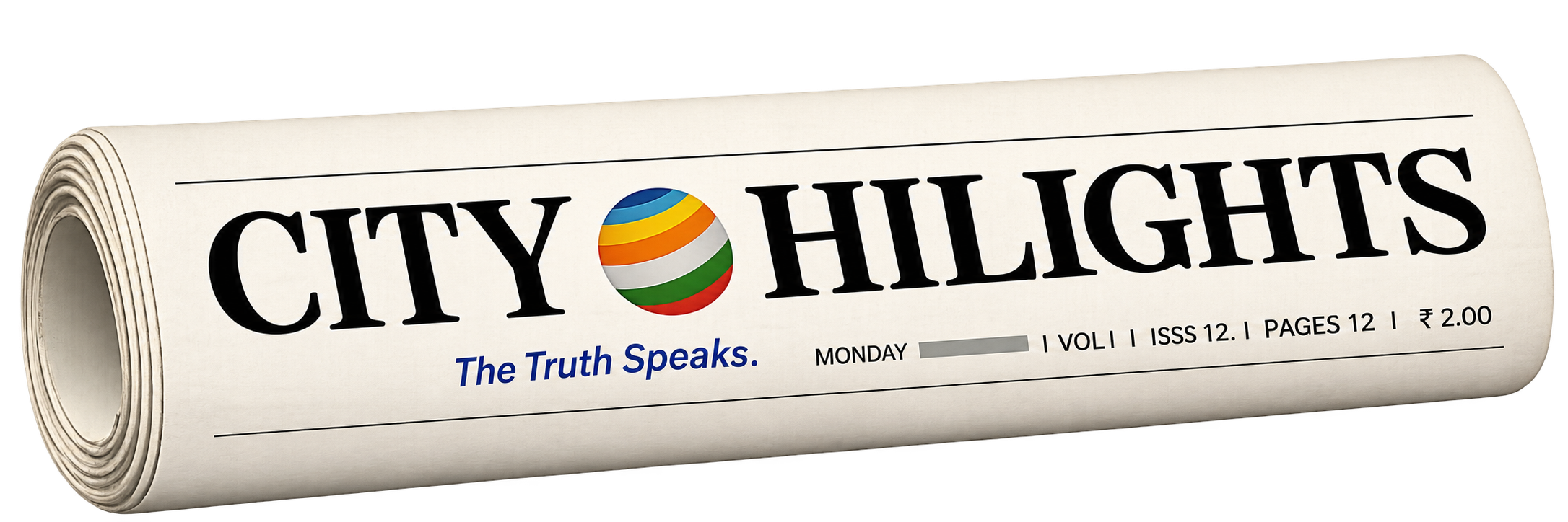 A rolled City Hilights newspaper with its colorful globe masthead