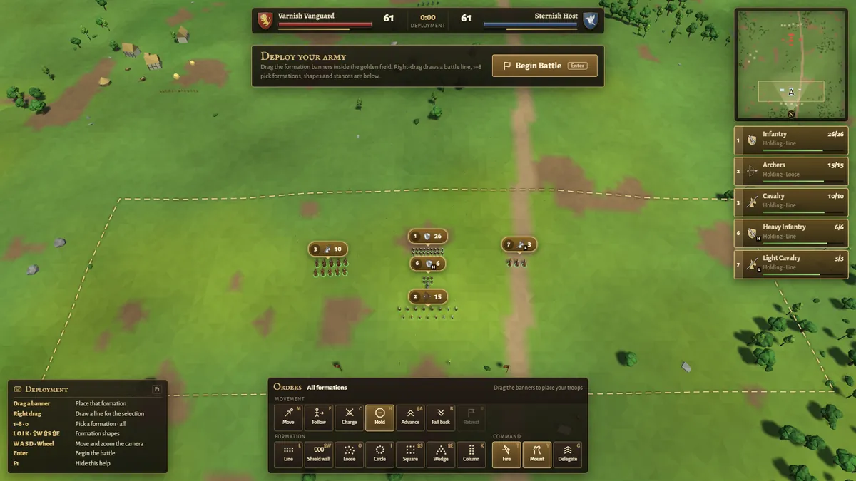 A Warbanner battle: two armies deployed on a field, with the order buttons and formation list