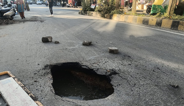 BWSSB Chamber Collapse Causes Road Closure Near Sai Baba Temple Junction